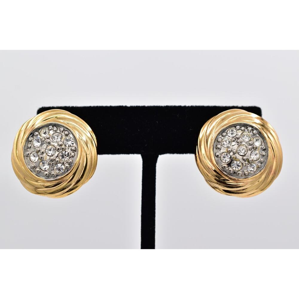 Louis Féraud Vintage Pavé Crystal Clip On Earrings Gold Chunky Signed 1980s BinH